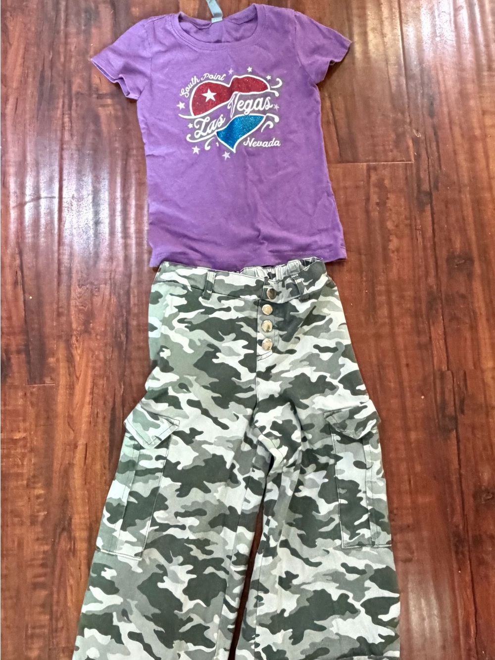 Next Level Apparel Purple Graphic Tee with Green Camo Cargo Pants
